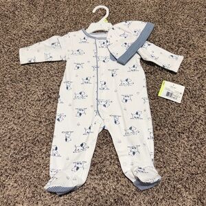 Little Me Blue and White Baby Footie with Hat